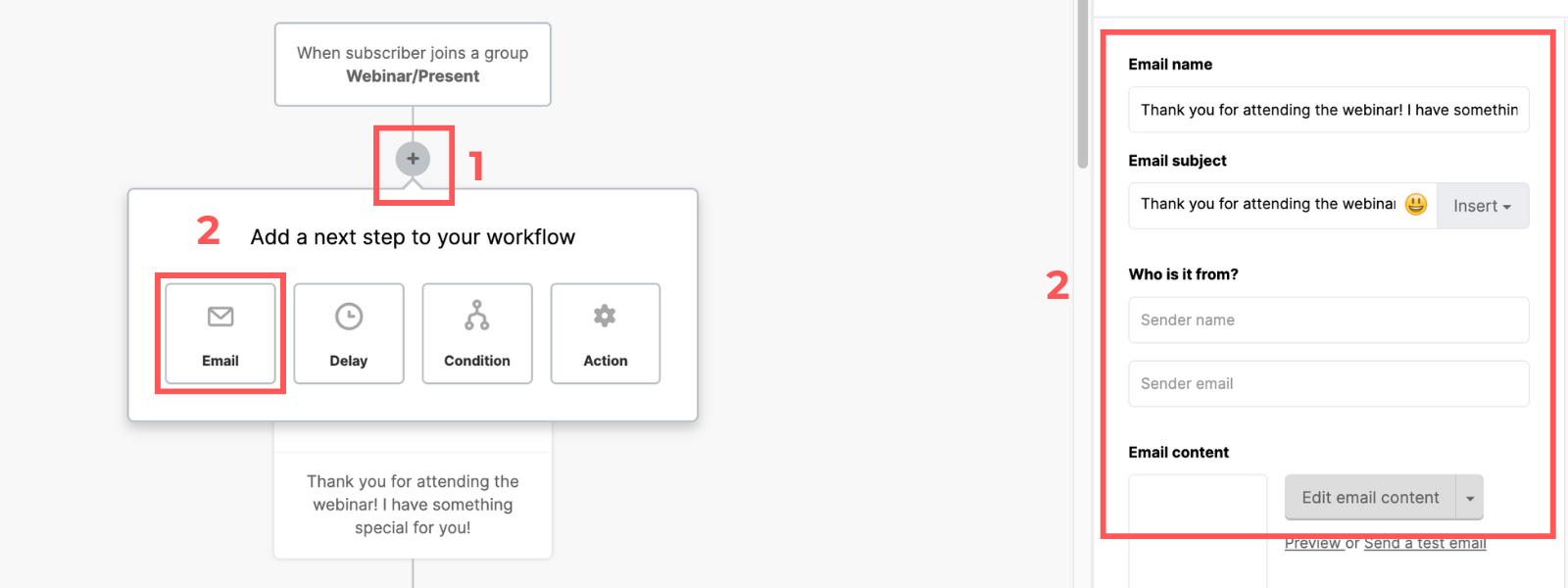 Screenshot: Create an email sequence in MailerLite Classic