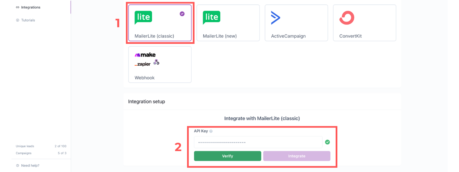 Screenshot: Integrate MailerLite Classic with Apresly