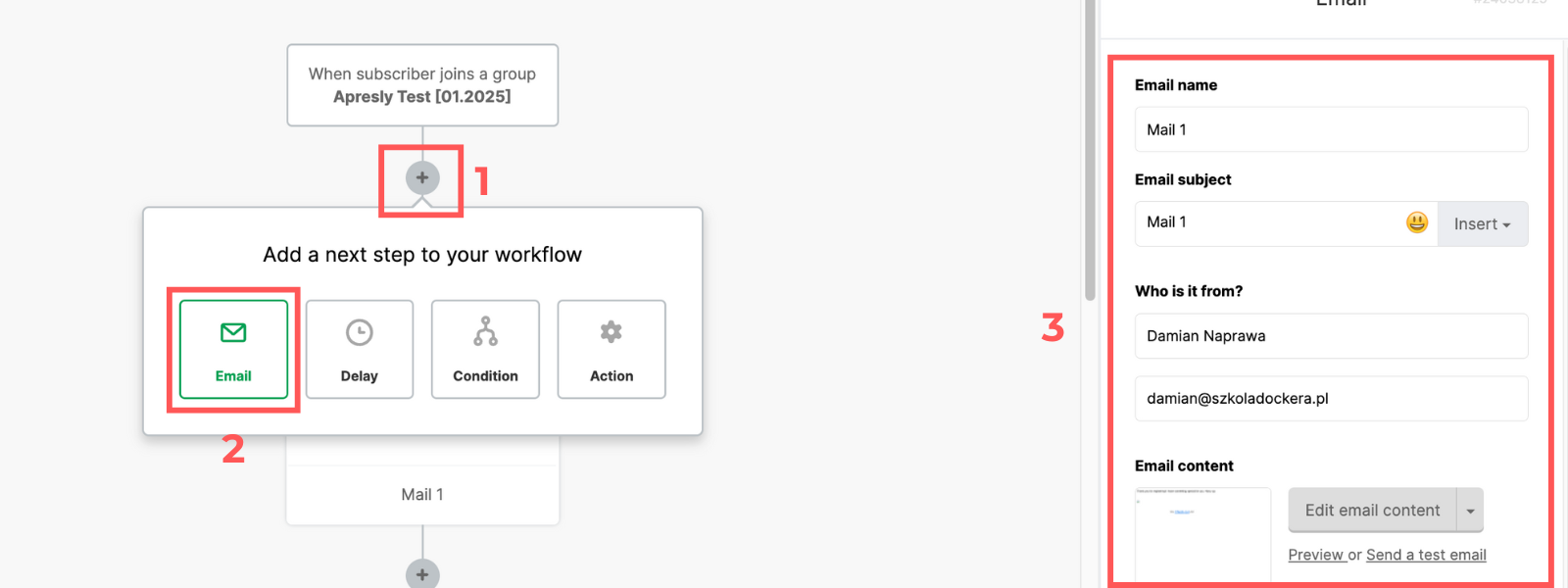 Screenshot: Create an email sequence in MailerLite Classic