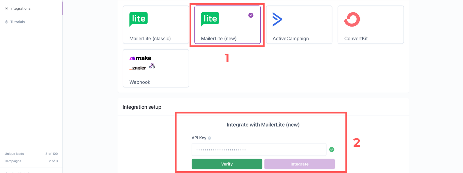 Screenshot: Integrate MailerLite (new) with Apresly