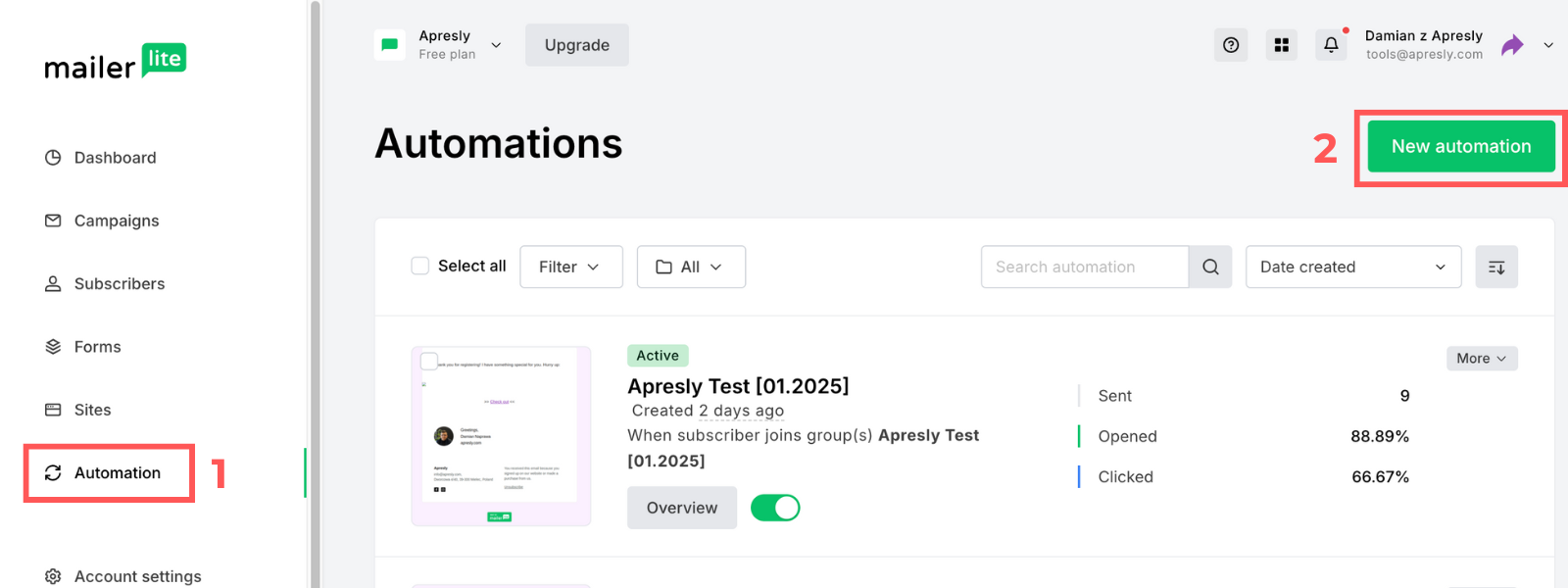 Screenshot: Create an email sequence in MailerLite (new)