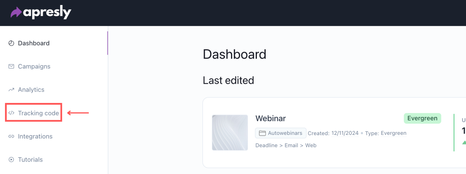 Screenshot: Apresly Tracking code implementation