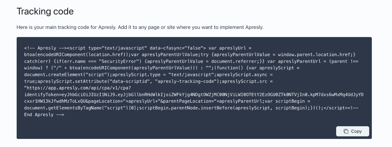 Screenshot: Apresly Tracking code implementation