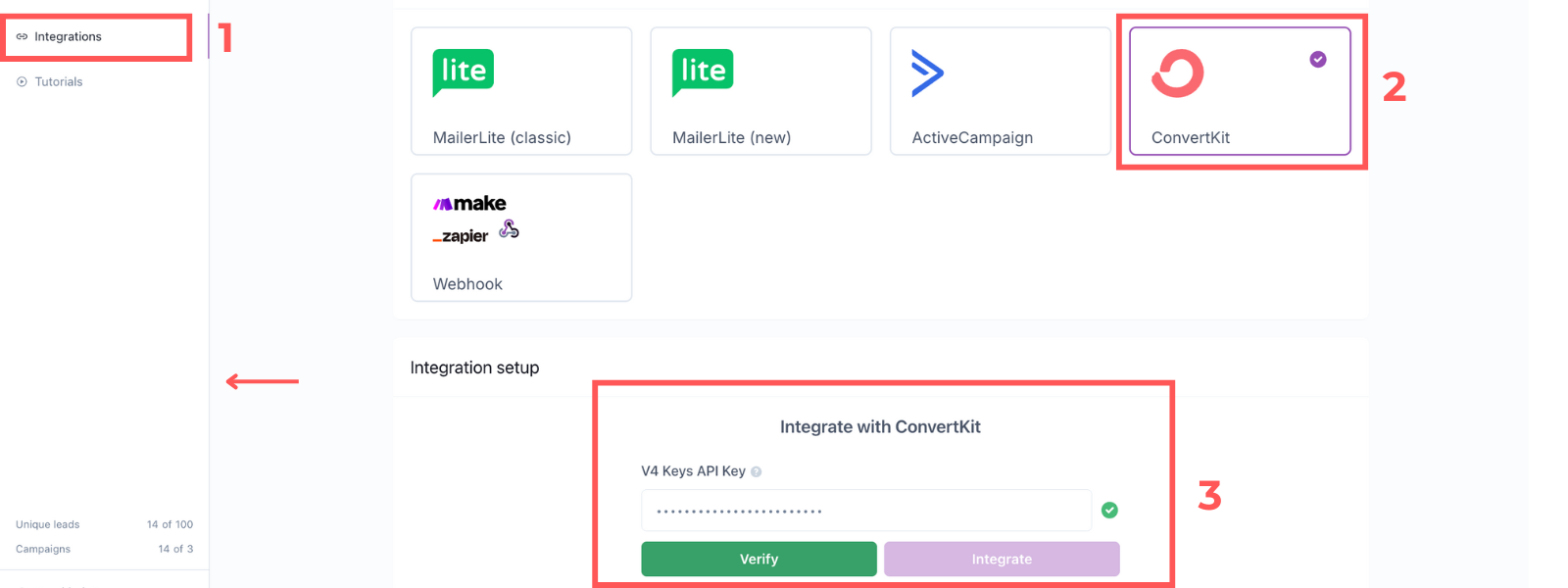 Screenshot: Integrate ConvertKit with Apresly