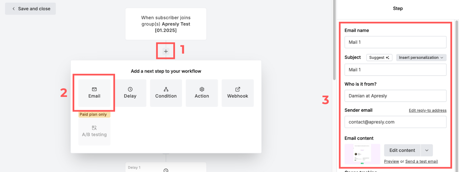 Screenshot: Create an email sequence in MailerLite (new)