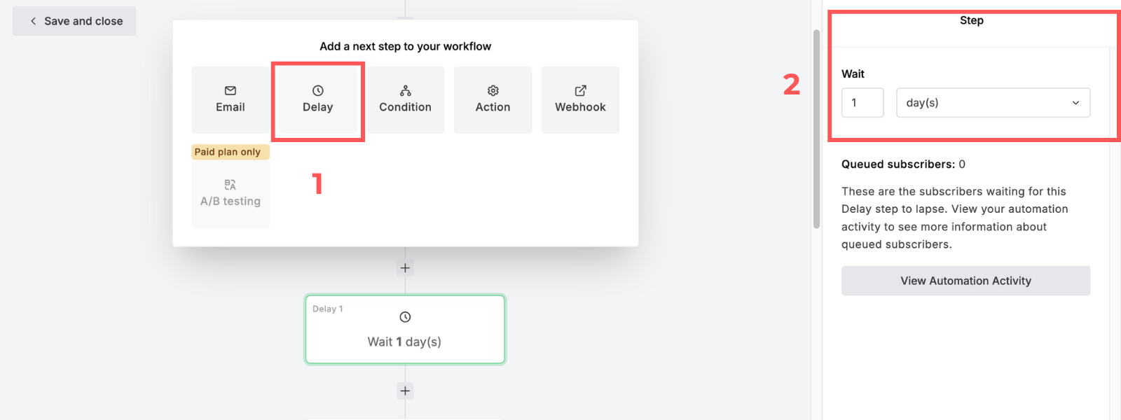Screenshot: Create an email sequence in MailerLite (new)
