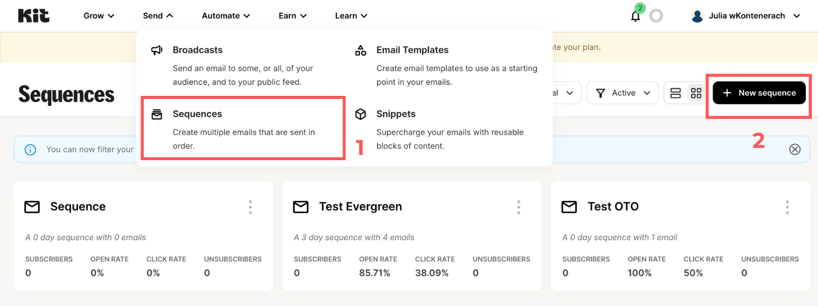 Screenshot: Create an email sequence in ConvertKit
