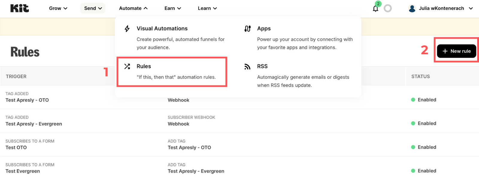 Screenshot: Create an email sequence in ConvertKit