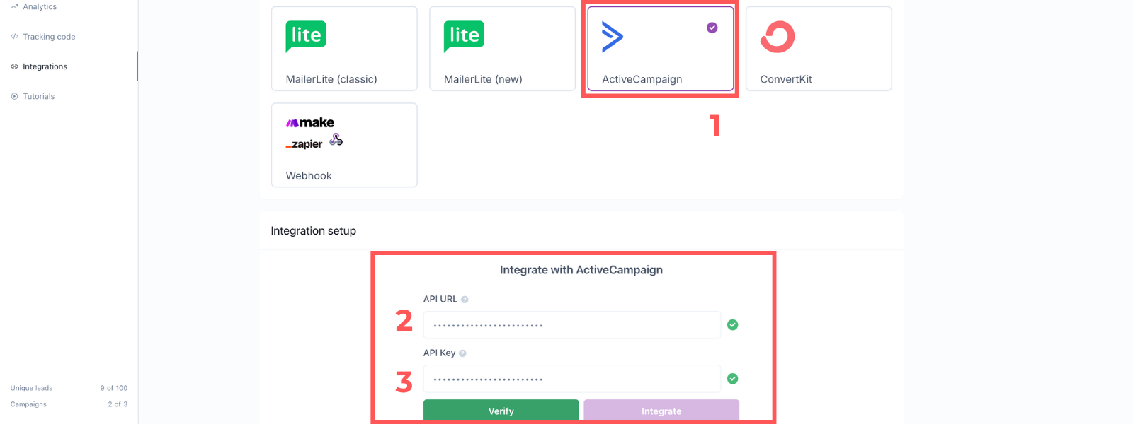 Screenshot: Integrate ActiveCampaign with Apresly